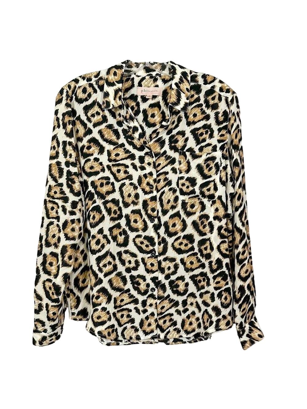 Philosophy Womens Leopard Print Collared Button-Up Blouse Brown Black Size Small
